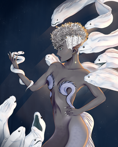Illustration eines Antipatharia-Schwarzkorallen-Wesens im Anime-Stil