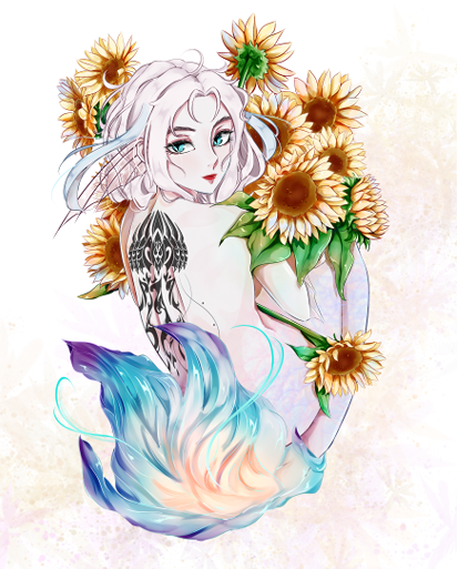 Illustration von Atini mit Sonnenblumen, Anime-Stil