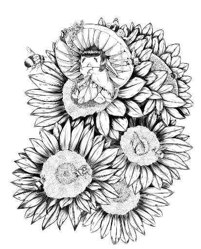 Inktober Illustration — Pilz-Charakter mit einer Biene