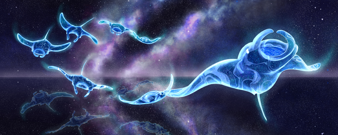 Weitformat-Illustration eines Mantarochens vor einem Nebula-Hintergrund