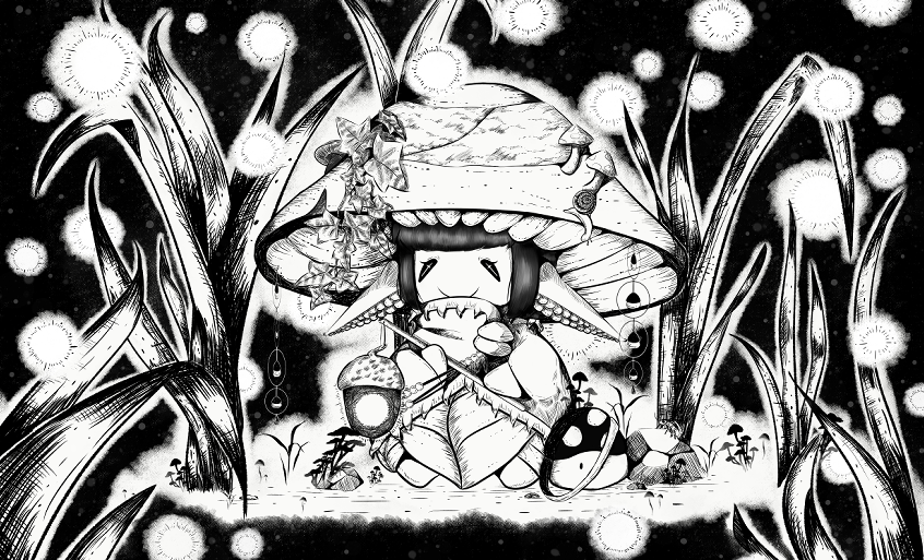 Inktober 2025 — Pilz-Charakter mit Glühwürmchen-Licht