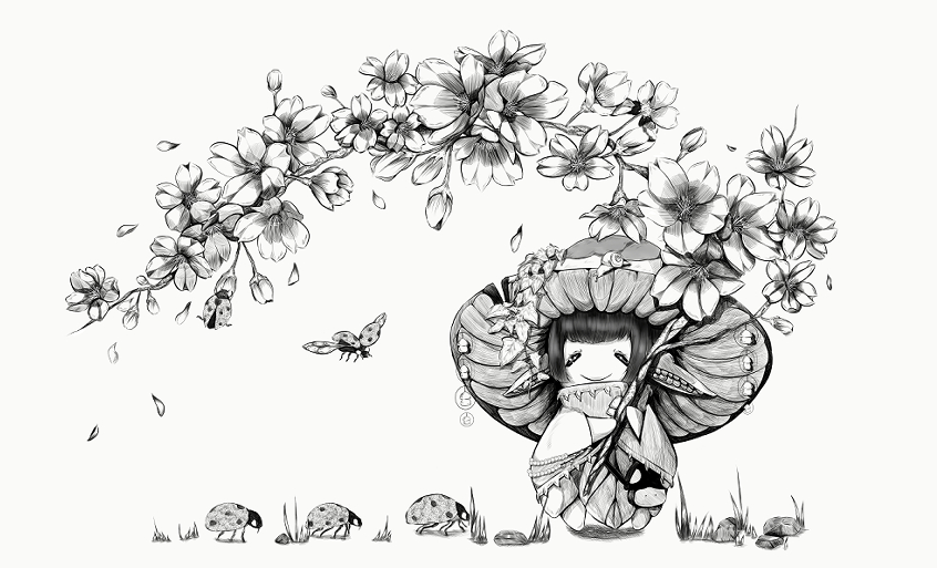 Pilz-Charakter unter Kirschblüten im Frühling