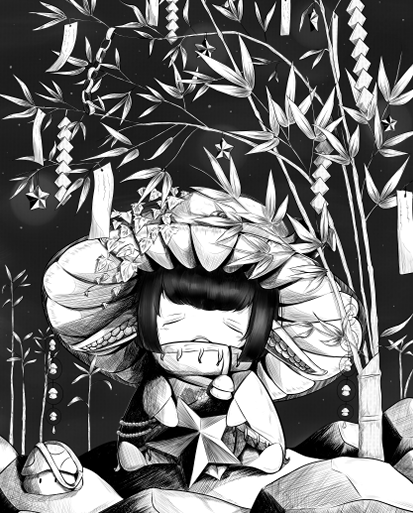 Illustration von Pilz beim Tanabata-Fest mit Laternen und Sternschnuppen