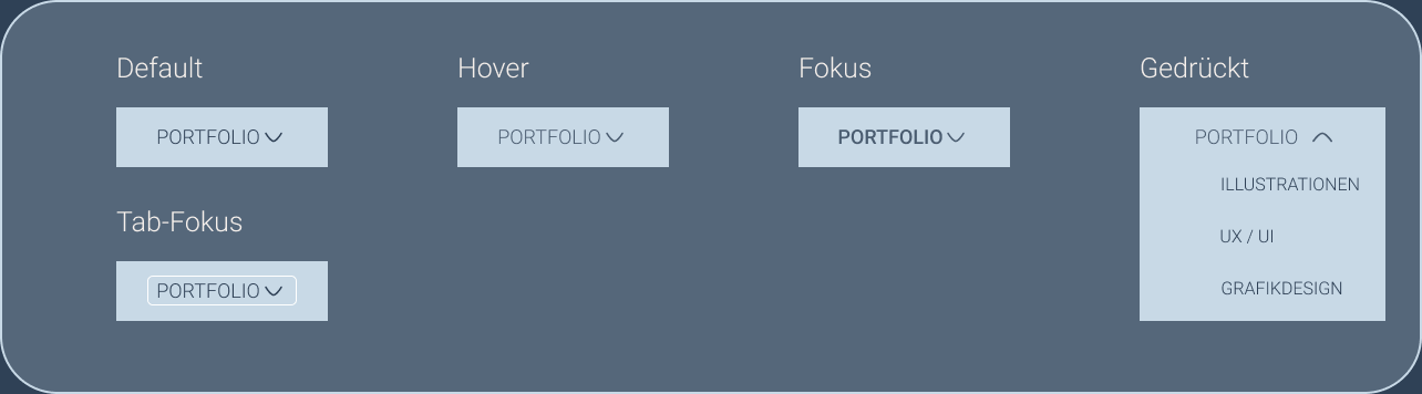 Navigationsleiste — Komponentenzustände: Default, Hover, Fokus, Gedrückt, Tab-Fokus