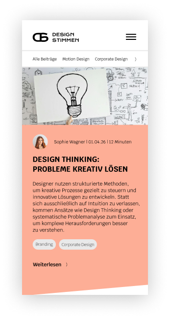 DesignStimmen — Mobile Ansicht mit Burger-Menü und angepasster Hero-Section