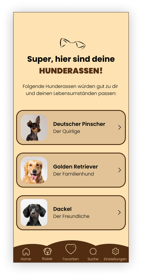 Pawfect Match — Auswertungsscreen mit drei Hunderassen-Empfehlungen