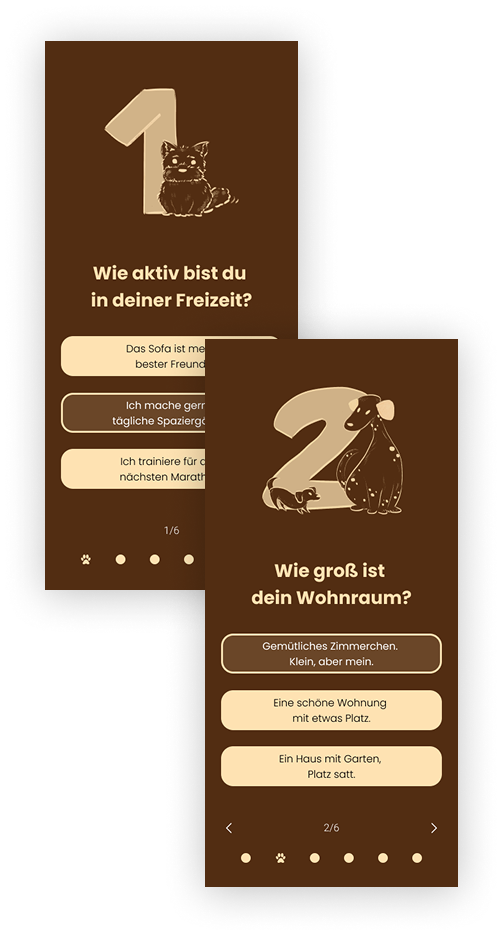 Pawfect Match — Frage-Screens 1 und 2 des Quiz
