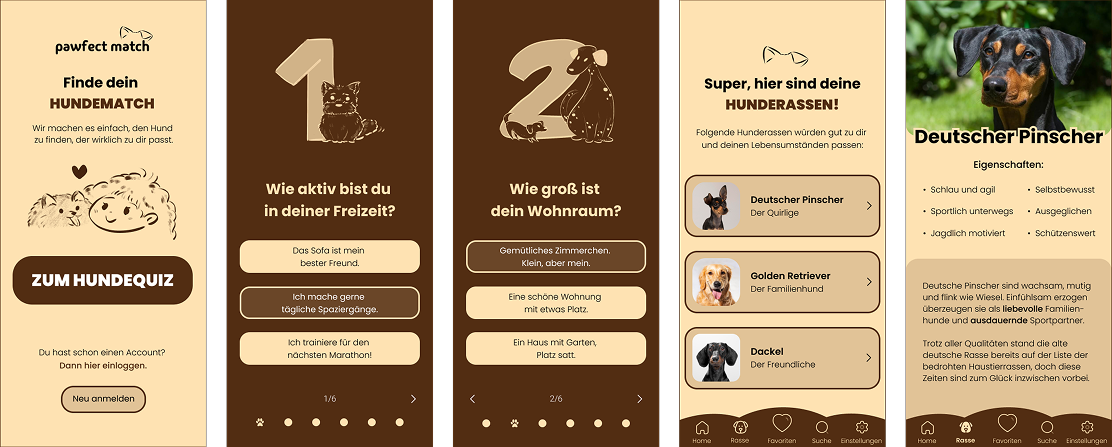 Pawfect Match — App-Screens der Hundematch-App