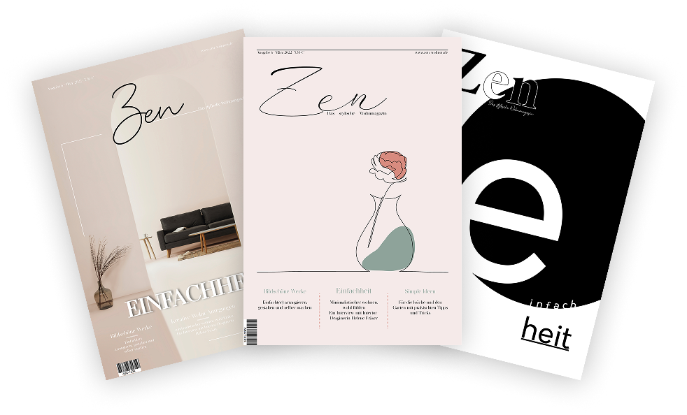 Zen Wohnmagazin — drei Coverentwürfe in Fächeranordnung